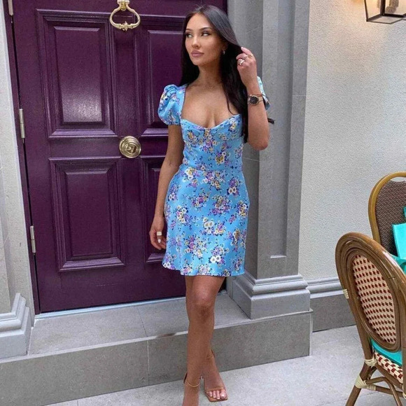 Zara Bustier Satin Effect Floral Mini Dress Puff Sleeve Sky Blue NWT Size Medium - Picture 2 of 13
